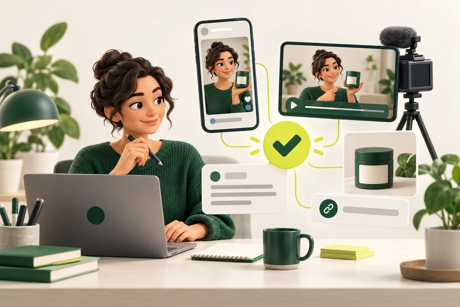 İçerik üreticisinin telefon, uzun video, caption, ürün ve bağlantı kartlarında görünür reklam açıklaması hazırladığını gösteren illüstrasyon