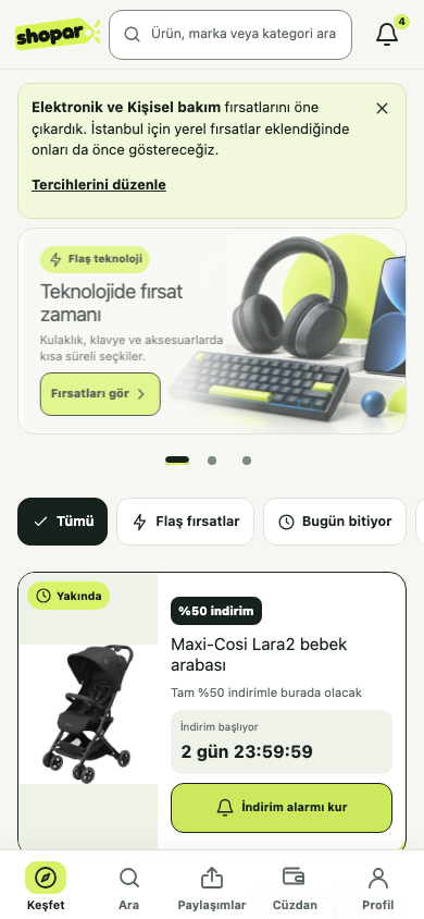Shopar uygulamasının fırsat keşfi ekranı