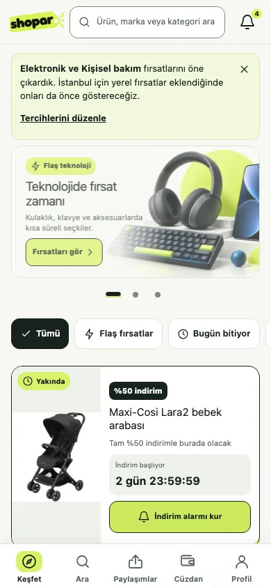 Shopar uygulamasında fırsatları ve ürünleri keşfetme ekranı