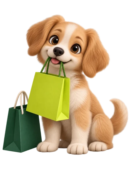 Citrus ve koyu yeşil alışveriş çantaları taşıyan Shopar köpek maskotu